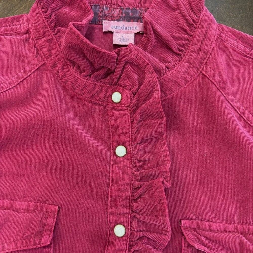Sundance Burgundy Fine Corduroy Ruffle Front Pearl Snap Shirt Sz L Western Boho - Picture 4 of 8